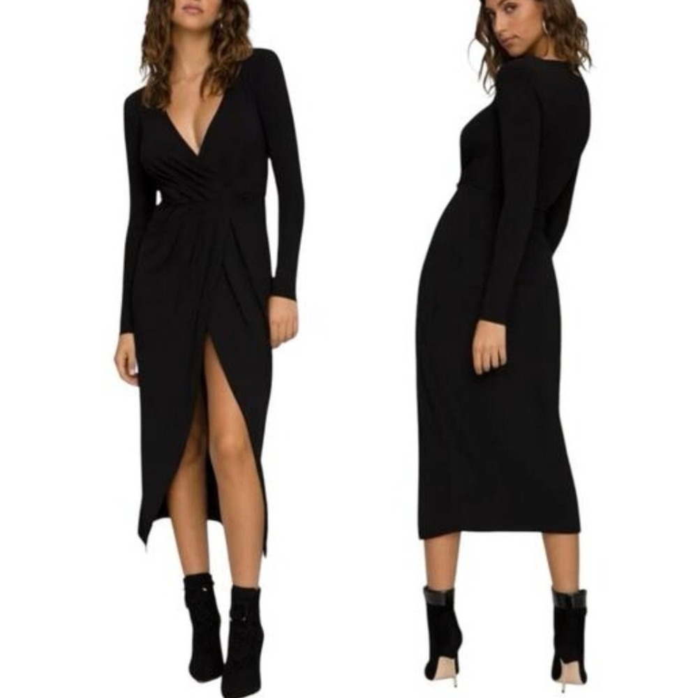 GOOD AMERICAN Plus 3X (6) NWT Black Strong Shoulder Wrap Long Sleeve Midi Dress